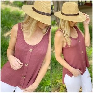 Infinity Raine Tops - Marsala Waffle Knit Button Trim Tank Infinity Raine Tops - Marsala Waffle Knit Button Trim Tank
